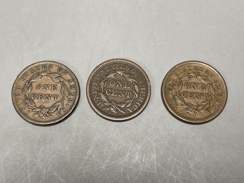 United States of America, 3 One Cents, 1838 Coronet Head, F, 1846 Braided hair, GVF and 1848 Braided Hair, AVF